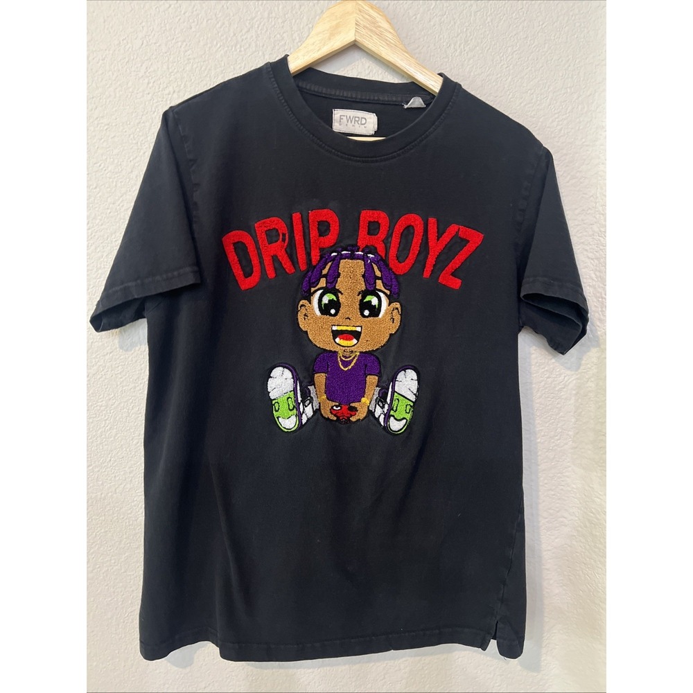 FWRD Denim BLACK Drip Boyz Textured Raised Graphic T Shirt LARGE. **FLAW